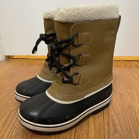 SOREL Caribou yoot pac Winter waterproof sherpa line lace up brown boots youth 1 - Picture 2 of 11
